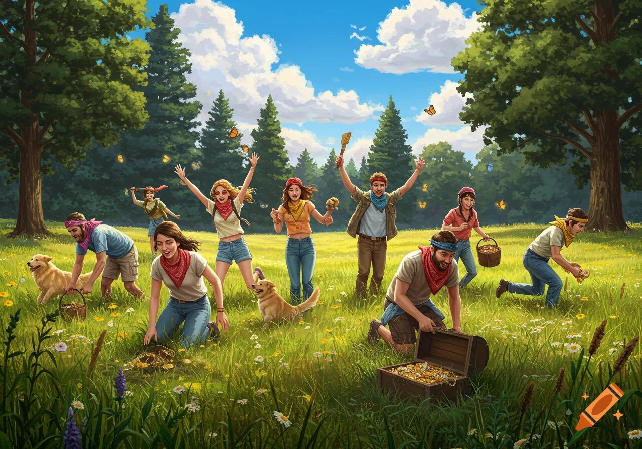 A group of people and dogs happily treasure hunting in a sunny green field with trees and butterflies.