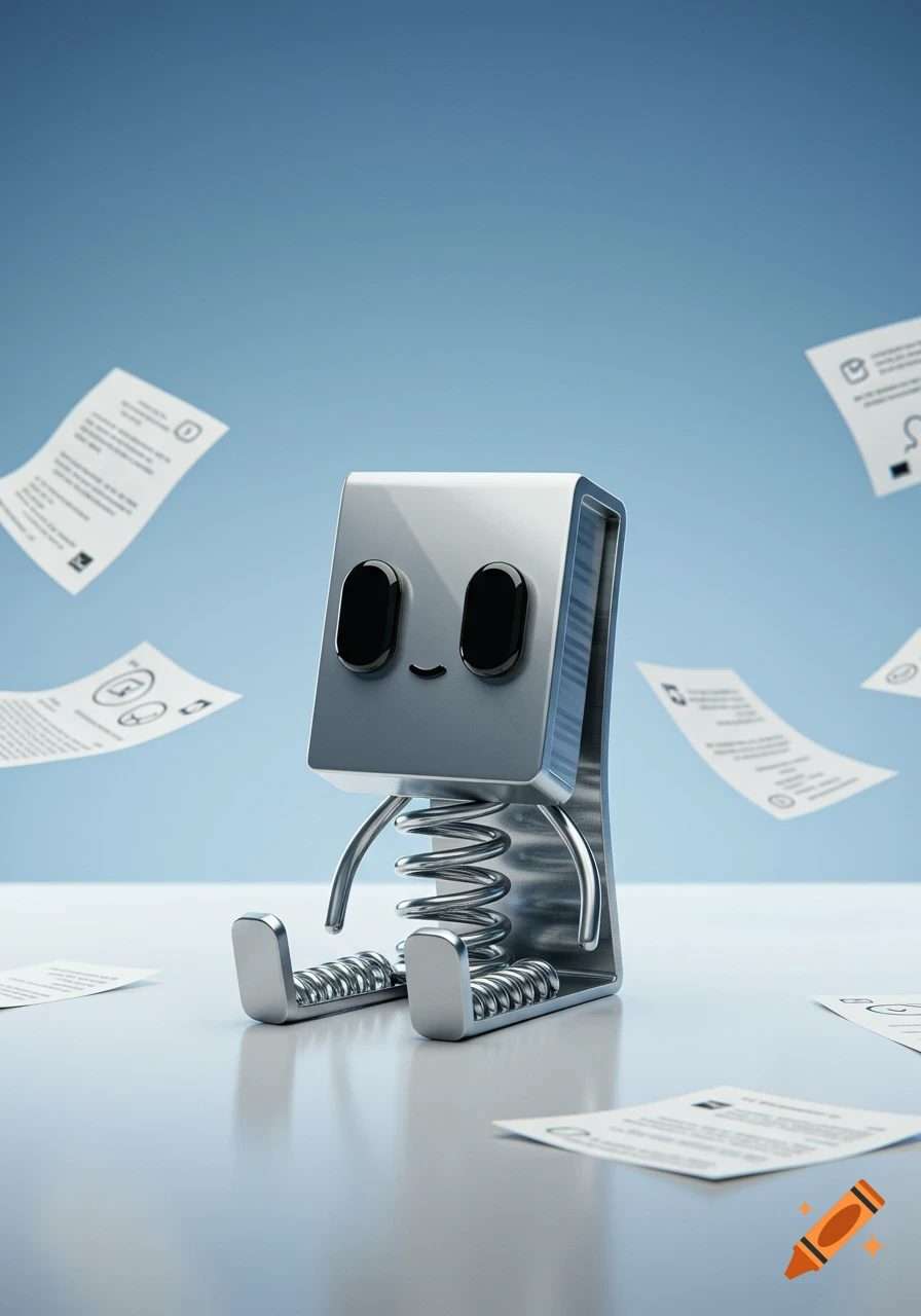 A cute, metallic robot resembling Clippy with no eyes sits on a desk surrounded by floating and scattered papers in a 3D render style.