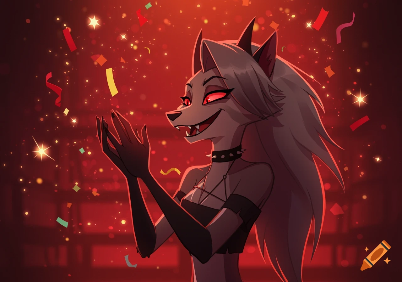 Anime-style anthropomorphic wolf character Loona with red eyes, clapping amidst golden glitter and confetti.