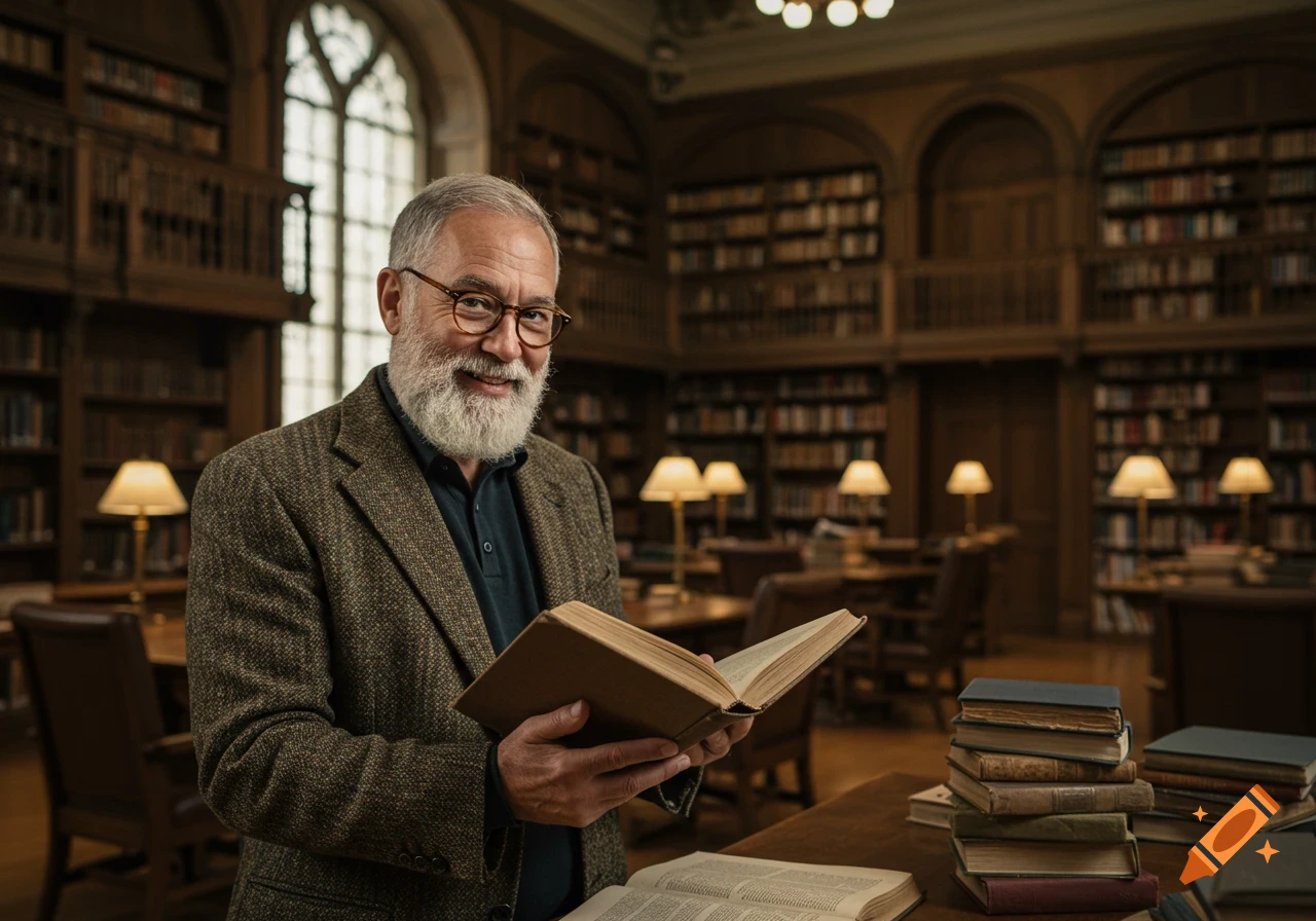 A smiling bearded man in glasses holds an open book in a grand, wood-paneled library filled with bookshelves and lamps.