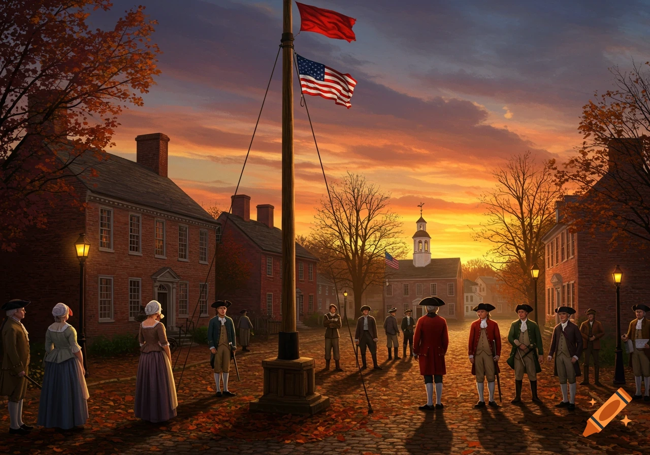 A painting of people in 18th-century attire in a colonial town square at sunset, with a liberty pole flying American and red flags.