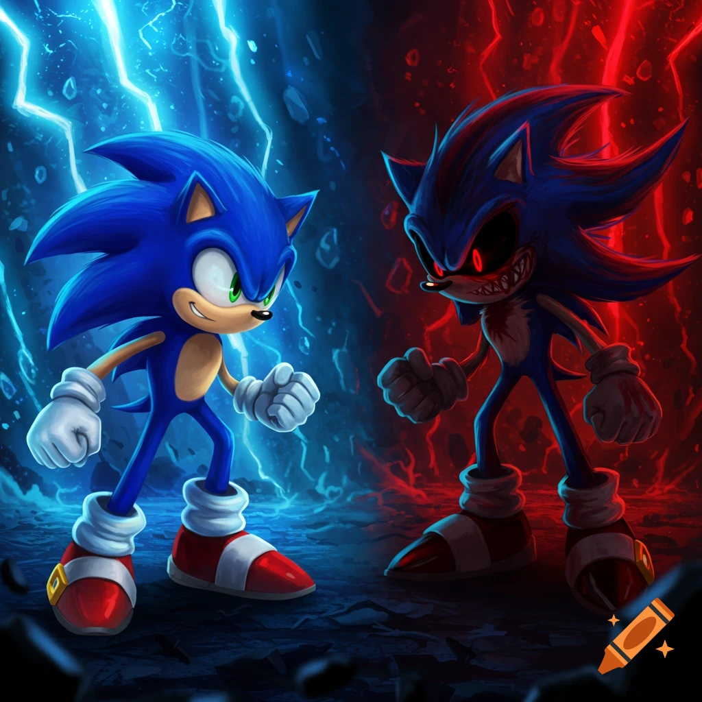 Blue hedgehog Sonic and creepy, red-eyed Sonic.exe face off against each other in a dynamic, split red and blue lightning background.