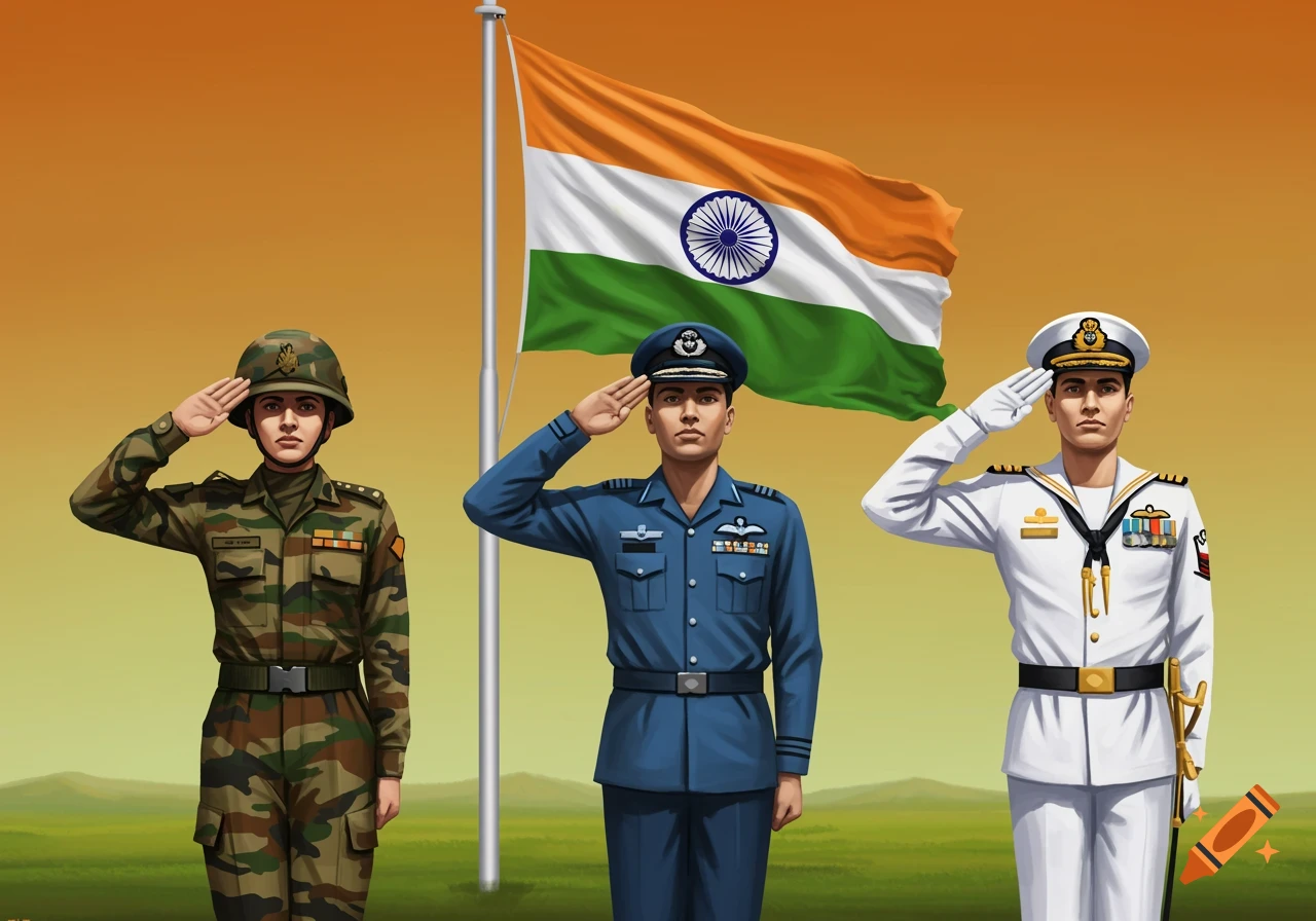 Three Indian military personnel, from army, air force, and navy, salute the Indian flag.