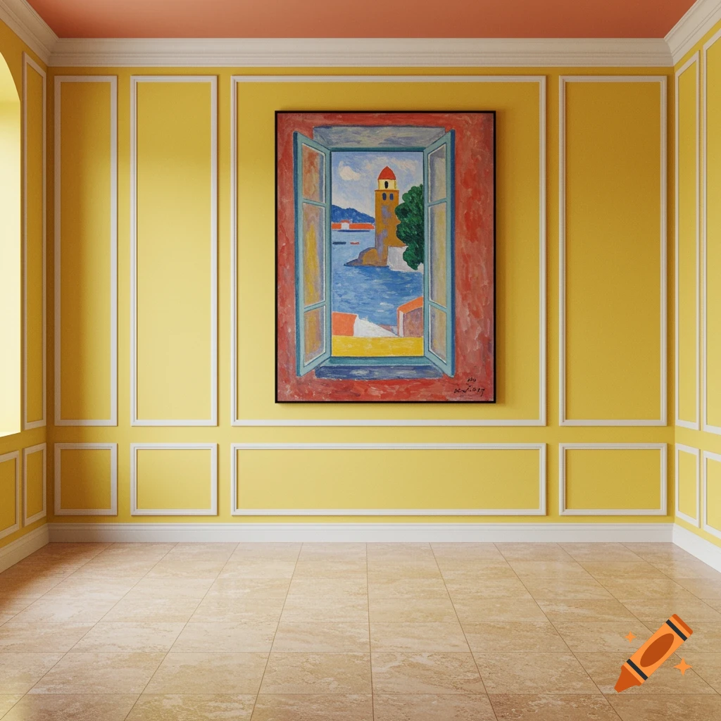 An empty room with buttercup yellow walls, a coral ceiling, and a tiled travertine floor. A painting in the style of Matisse's 'Window on Collioure' hangs on the wall.