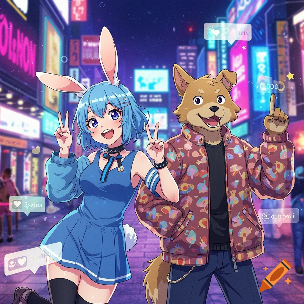 An anime-style rabbit girl and a dog-like character pose in a vibrant, neon-lit city street at night, with social media icons floating around them.