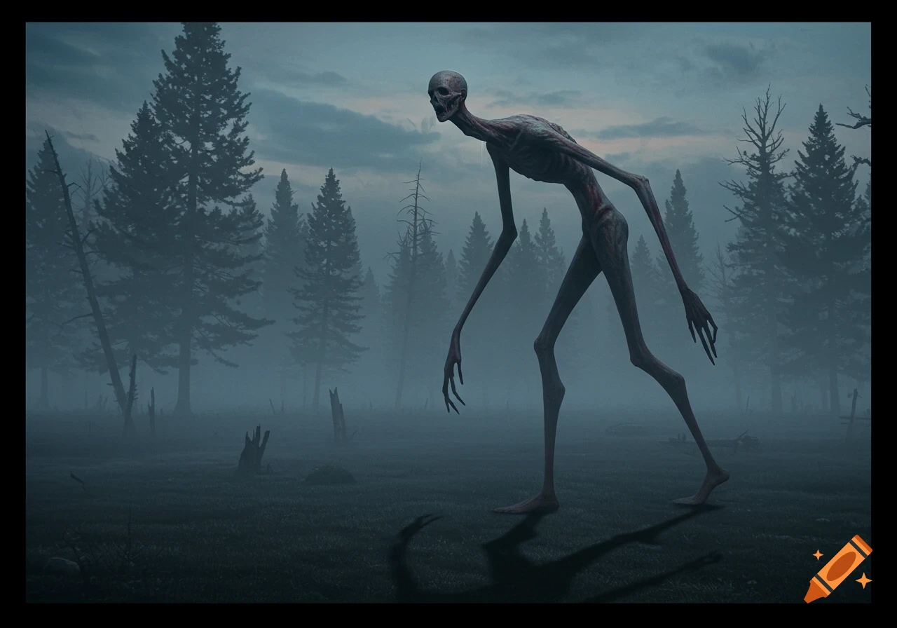 A tall, skeletal, humanoid creature with long limbs walks through a dark, foggy forest.