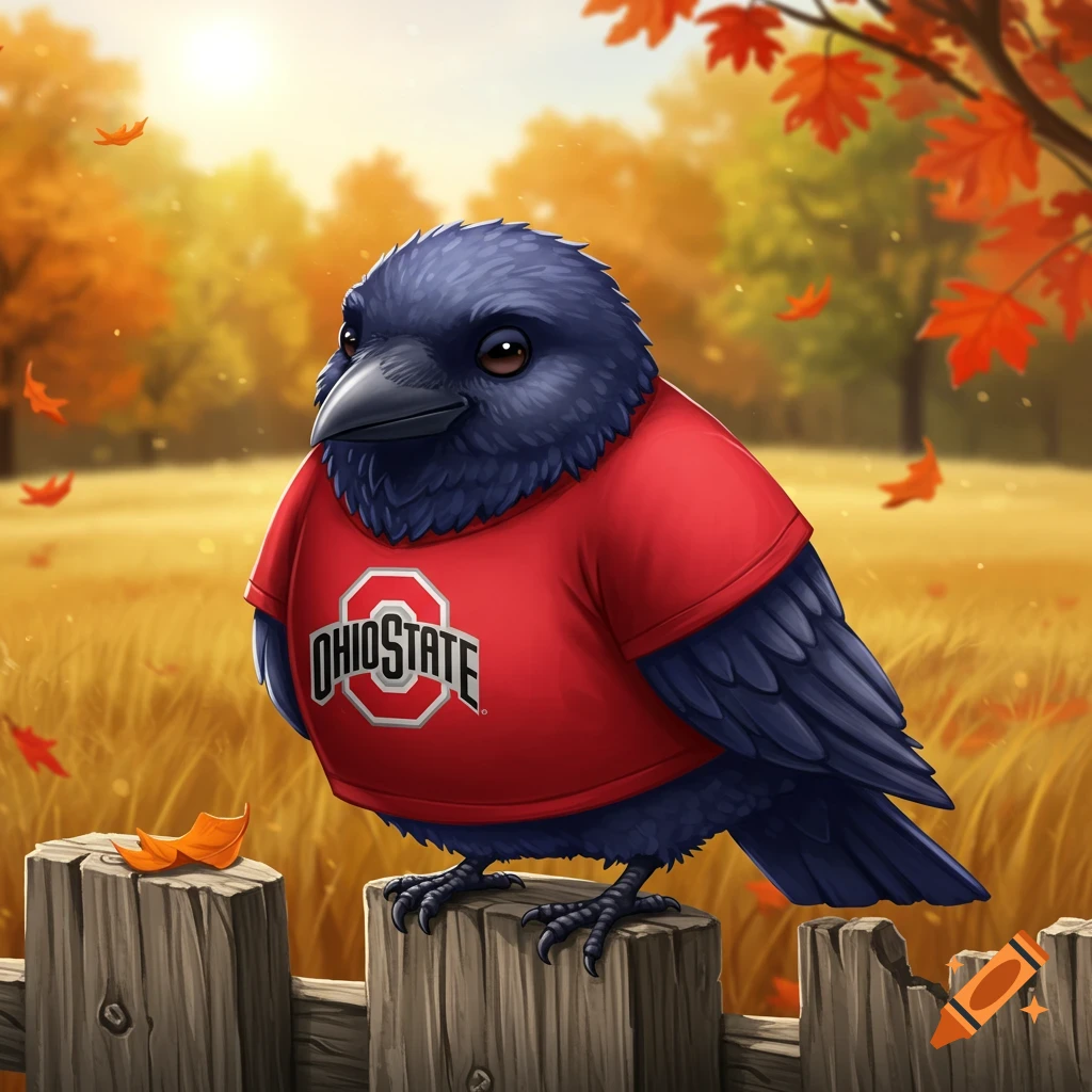 A stylized black crow wearing a red Ohio State Buckeyes t-shirt, perched on a wooden fence in an autumnal field.