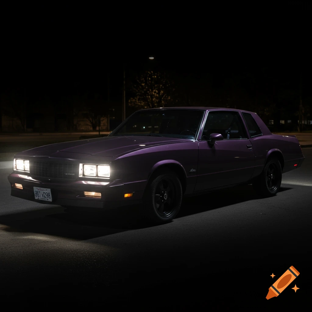 A dark eggplant purple 1980 Monte Carlo car is parked on a road at night with its headlights on.