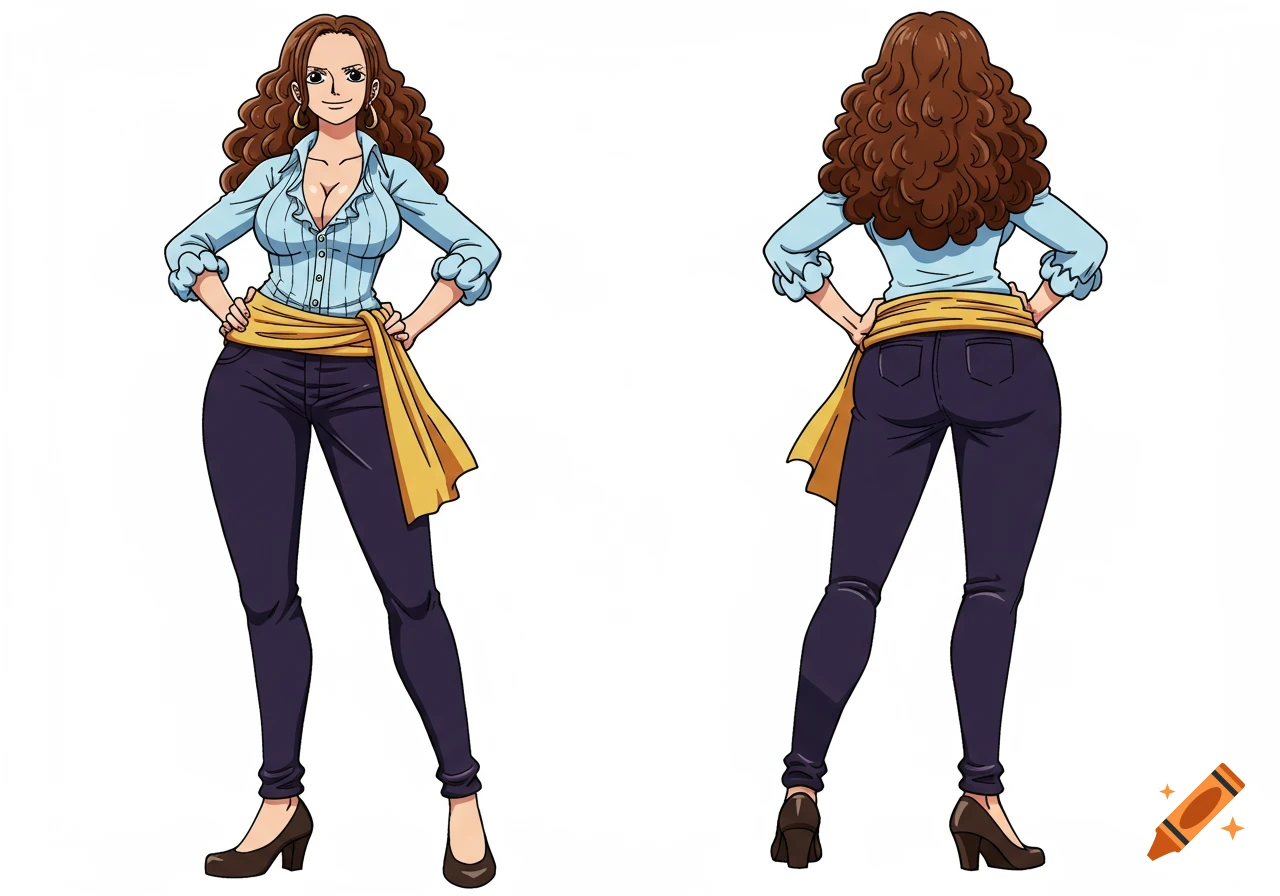 Anime-style female character with brown curly hair, blue blouse, dark pants, and yellow sash, shown front and back.