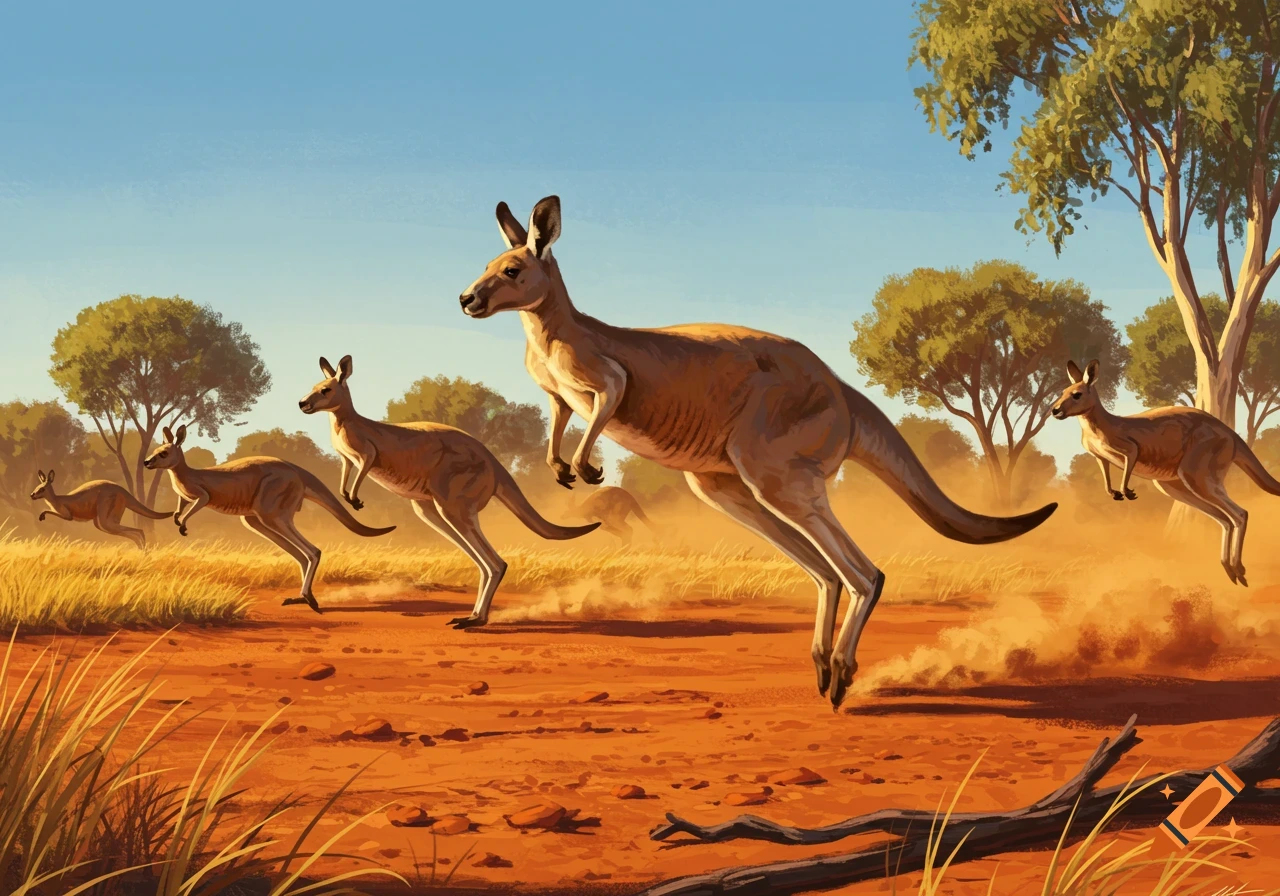 Illustrated scene of several kangaroos hopping across a dry, reddish landscape with scattered trees under a clear sky.