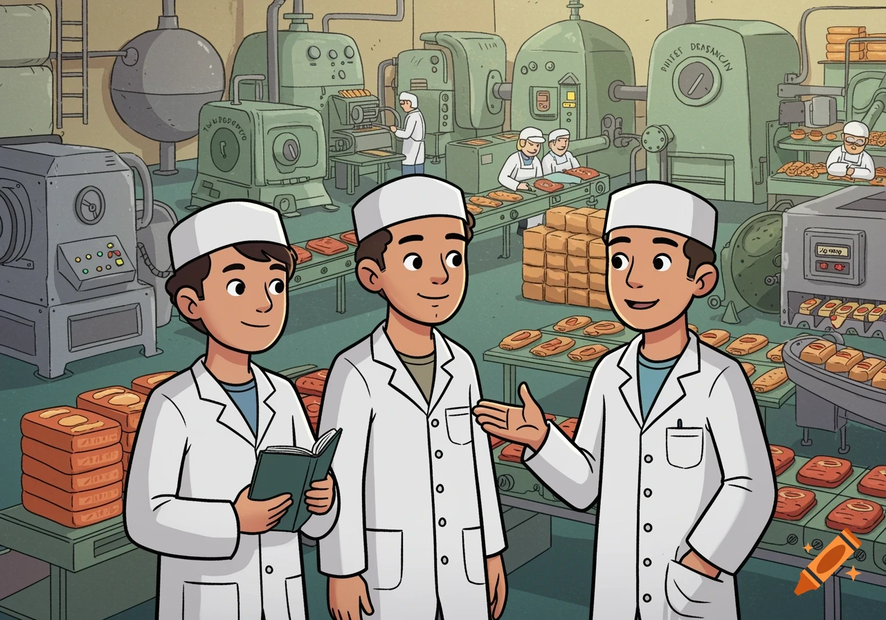 Three cartoon men in white lab coats talking in a busy food manufacturing factory.