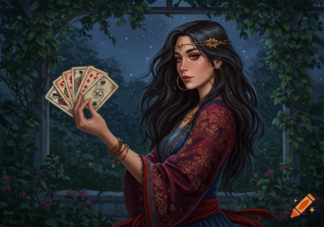 A woman with dark hair in a patterned dress holds old playing cards in a moonlit garden.