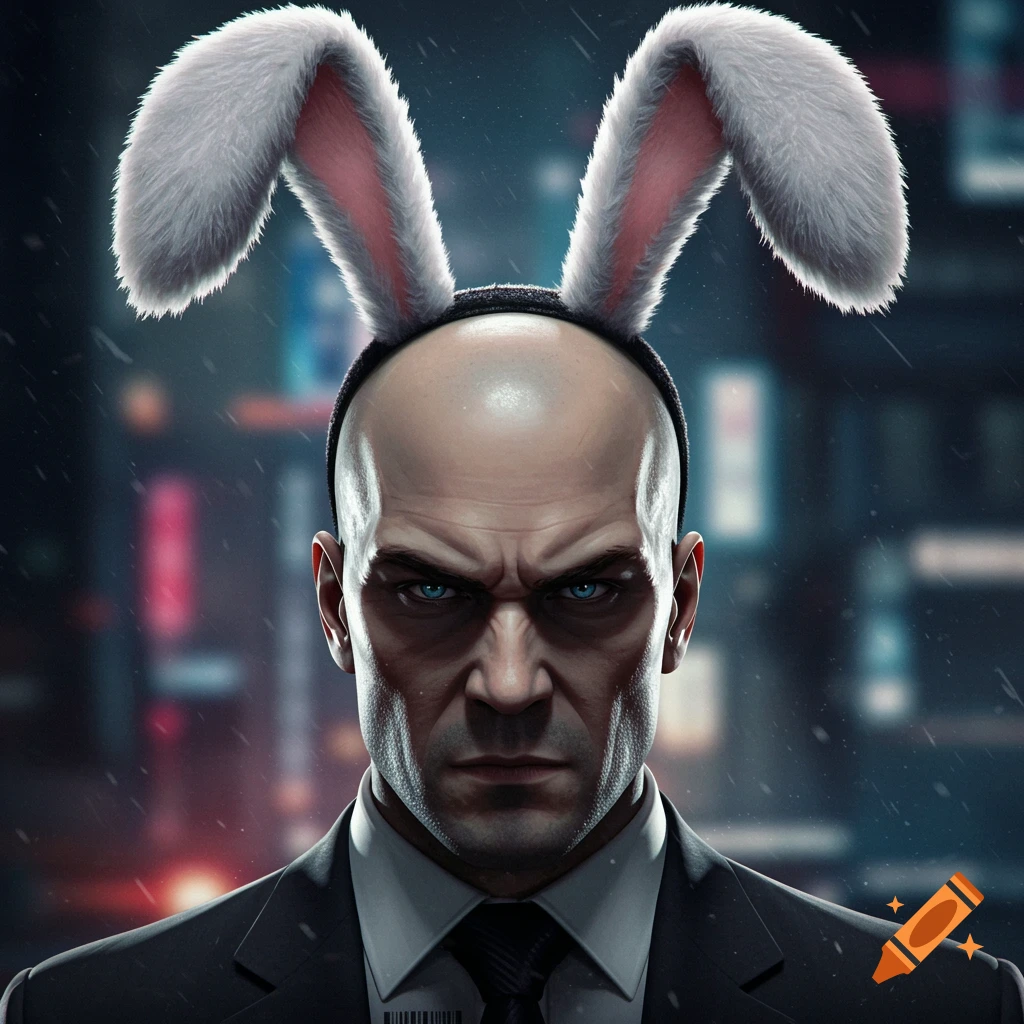 A serious-looking bald man in a suit with bright blue eyes wears white bunny ears, standing against a blurry neon city background.