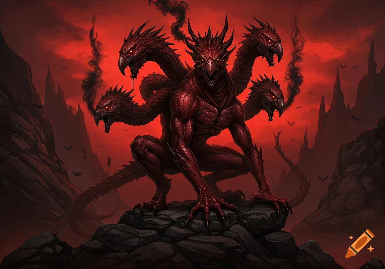 A terrifying multi-headed red demonic creature with sharp claws and teeth, standing on rocks against a dark red sky with black smoke.