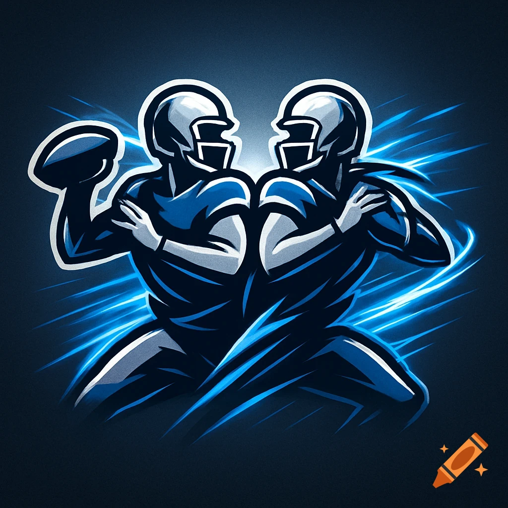 Stylized graphic logo of two American football players in blue and grey with glowing blue streaks.