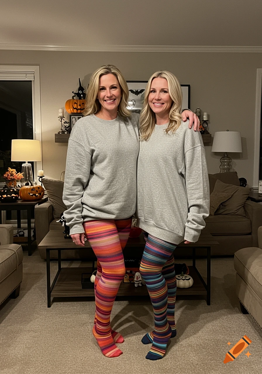 Two smiling women in grey sweatshirts and colorful striped tights pose in a living room decorated for Halloween.