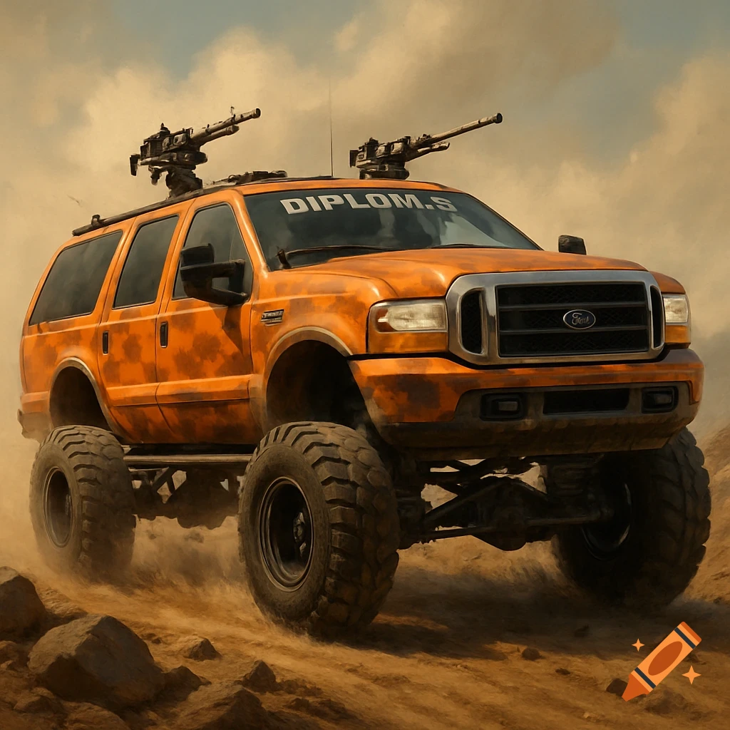 A lifted, orange camouflage Ford Excursion with machine guns on the roof drives off-road in a dusty, desert-like environment.