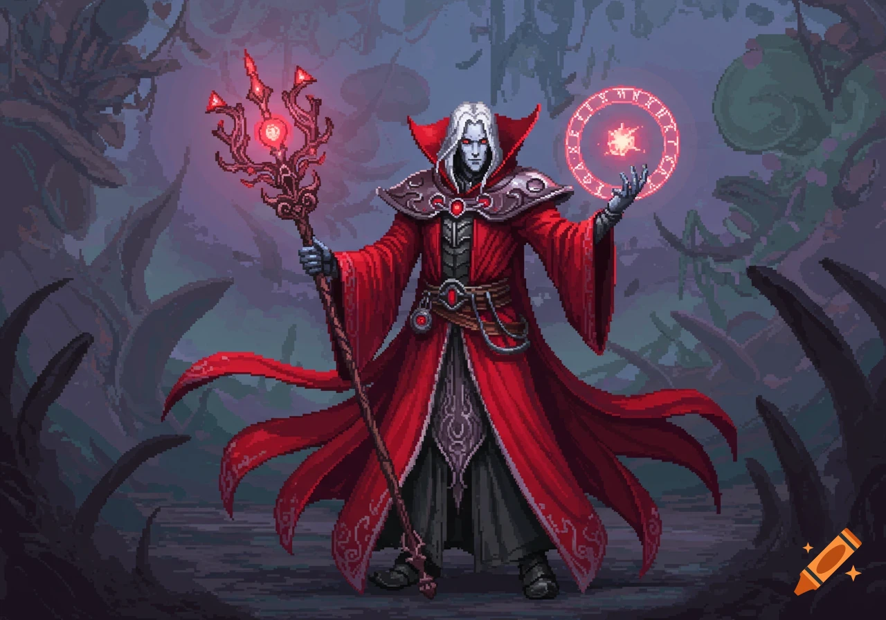 A pixel art depiction of a dark fantasy mage with white hair, red eyes, and a long red robe, holding a staff and casting a glowing red spell.
