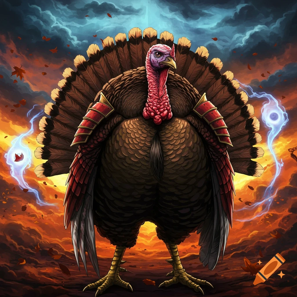 An anthropomorphic turkey wearing red samurai-like armor stands against a dramatic stormy sky with fiery clouds and blue energy bolts in an anime style.