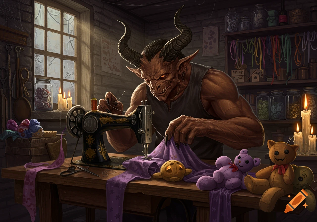 A horned monster meticulously sewing a purple plush toy on an antique sewing machine in a dimly lit workshop filled with jars and other plush toys.