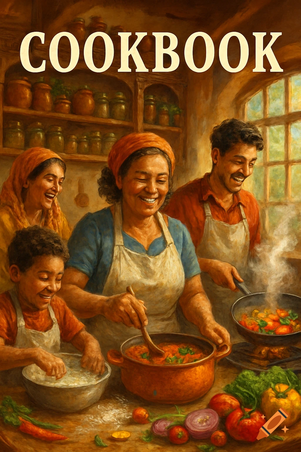 A vibrant, painterly illustration of a happy family cooking together in a warm kitchen, with 'COOKBOOK' at the top.