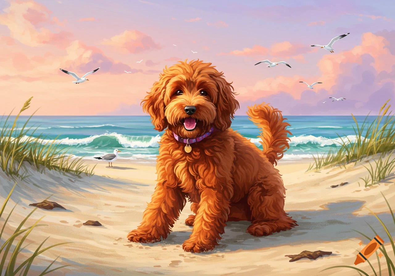 A fluffy golden doodle dog sits on a sandy beach with ocean waves and seagulls under a colorful sunset sky in an illustrated style.
