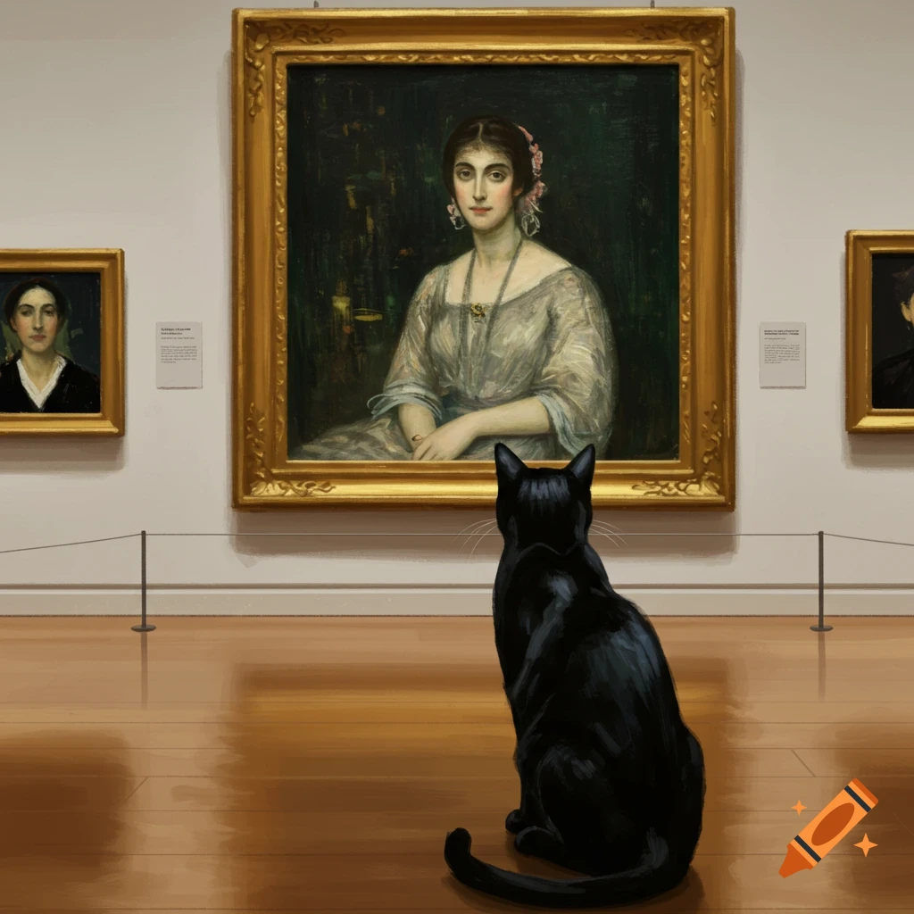 A black cat sits on a polished wooden floor, looking at a large framed portrait painting in a museum.