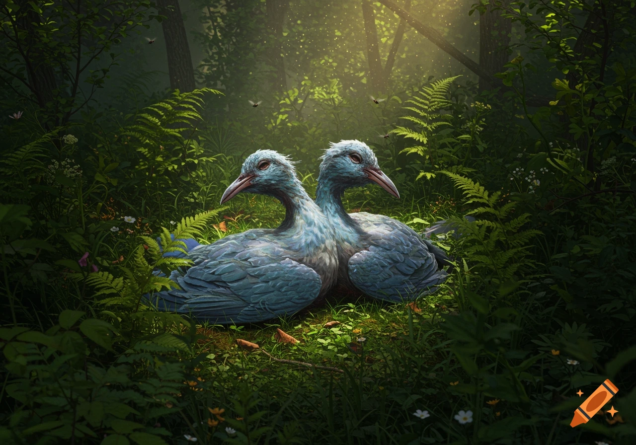 A two-headed bird with blue-grey feathers nestled in a lush, sun-dappled green forest.