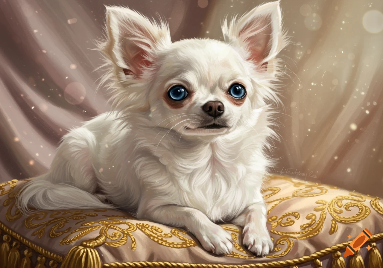 A white long-haired chihuahua with bright blue eyes sits regally on a golden embroidered cushion.