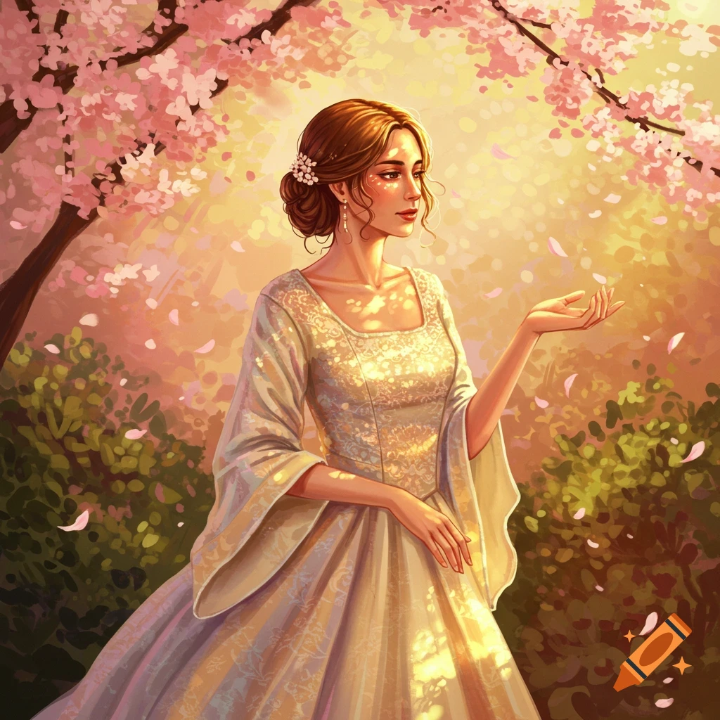 A woman in a white dress stands under cherry blossom trees with falling ...