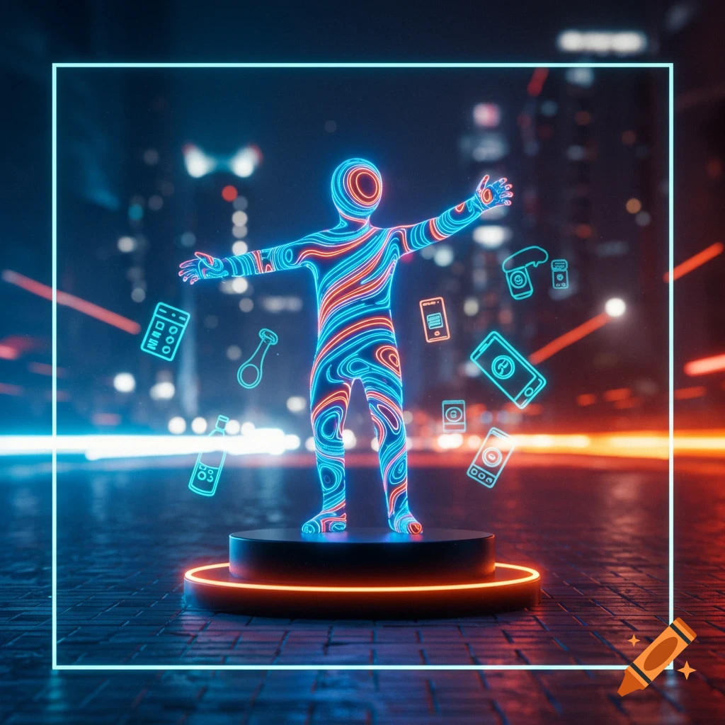A neon-lit abstract figure stands on a pedestal in a city, surrounded by floating, glowing tech icons, within a bright blue square frame.