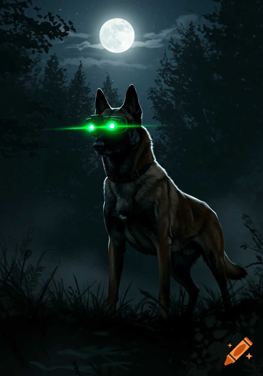 Belgian Malinois dog wearing glowing green night vision goggles in a dark forest under a full moon, digital art.