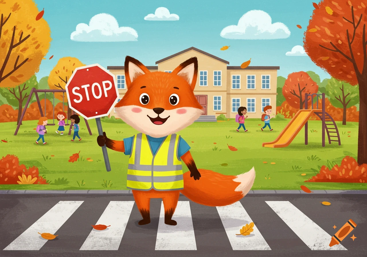 A cheerful cartoon fox wearing a safety vest holds a stop sign at a crosswalk outside a school with children and autumn trees.