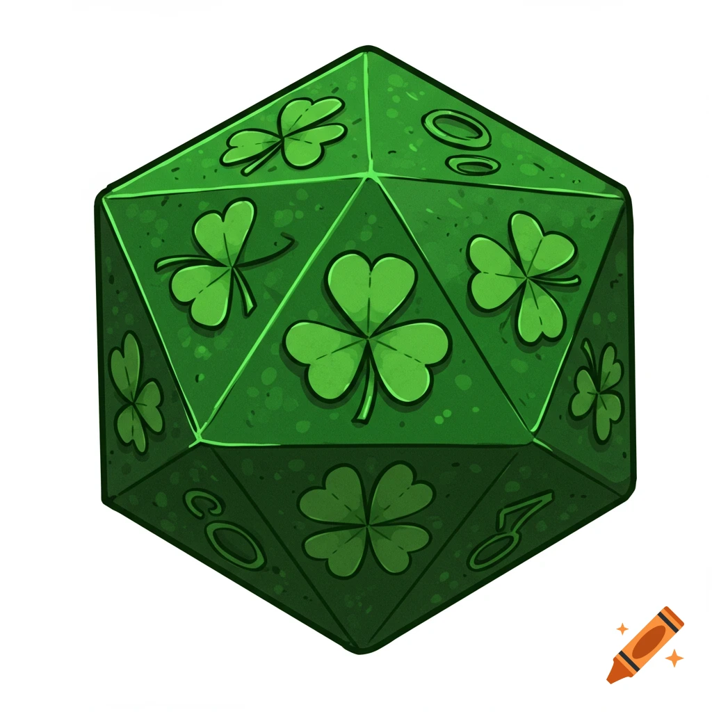 A green D20 dice with various faces featuring bright green three-leaf and four-leaf clovers, in a clean, cartoonish clip art style.