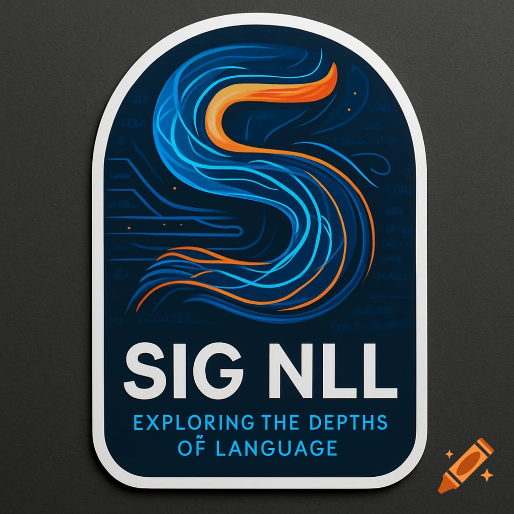 A modern dark blue sticker logo with a flowing S-shape in bright blue and orange, and white text 'SIG NLL' and 'EXPLORING THE DEPTHS OF LANGUAGE'.