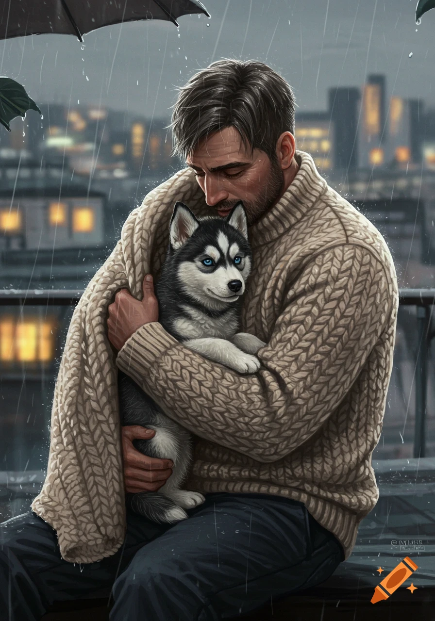 An illustration of a man embracing a husky puppy on a rainy rooftop, with city lights blurred in the background.