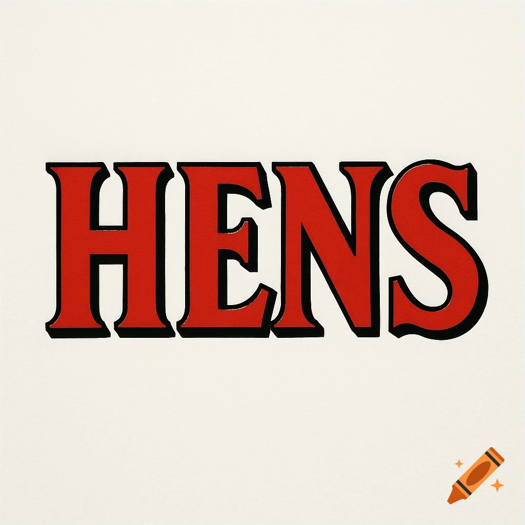 Red and black stylized text spelling 'HENS' on a cream background, resembling a vintage logo.