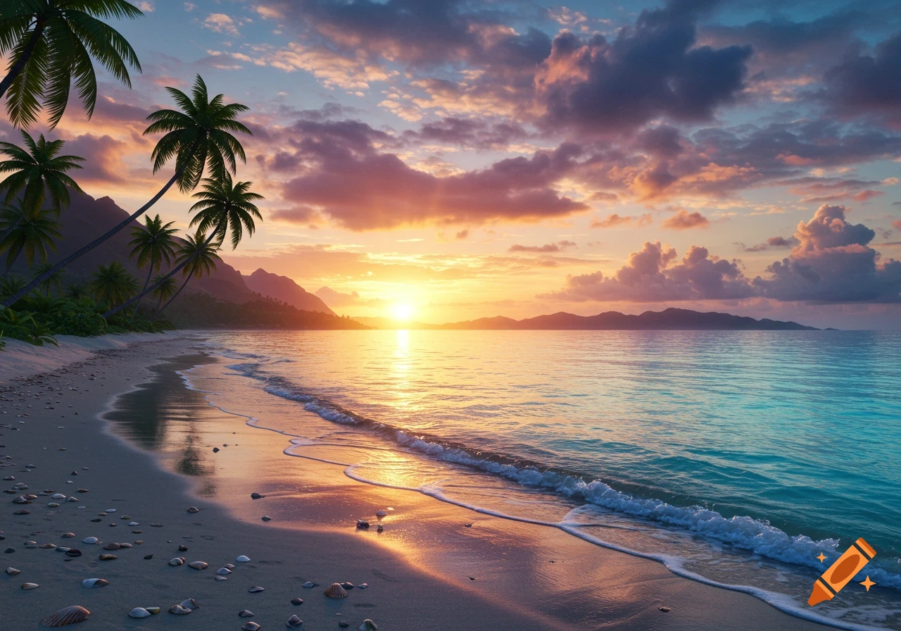 A photorealistic tropical beach at sunset with vibrant orange and purple clouds, palm trees, and gentle waves on the sand.