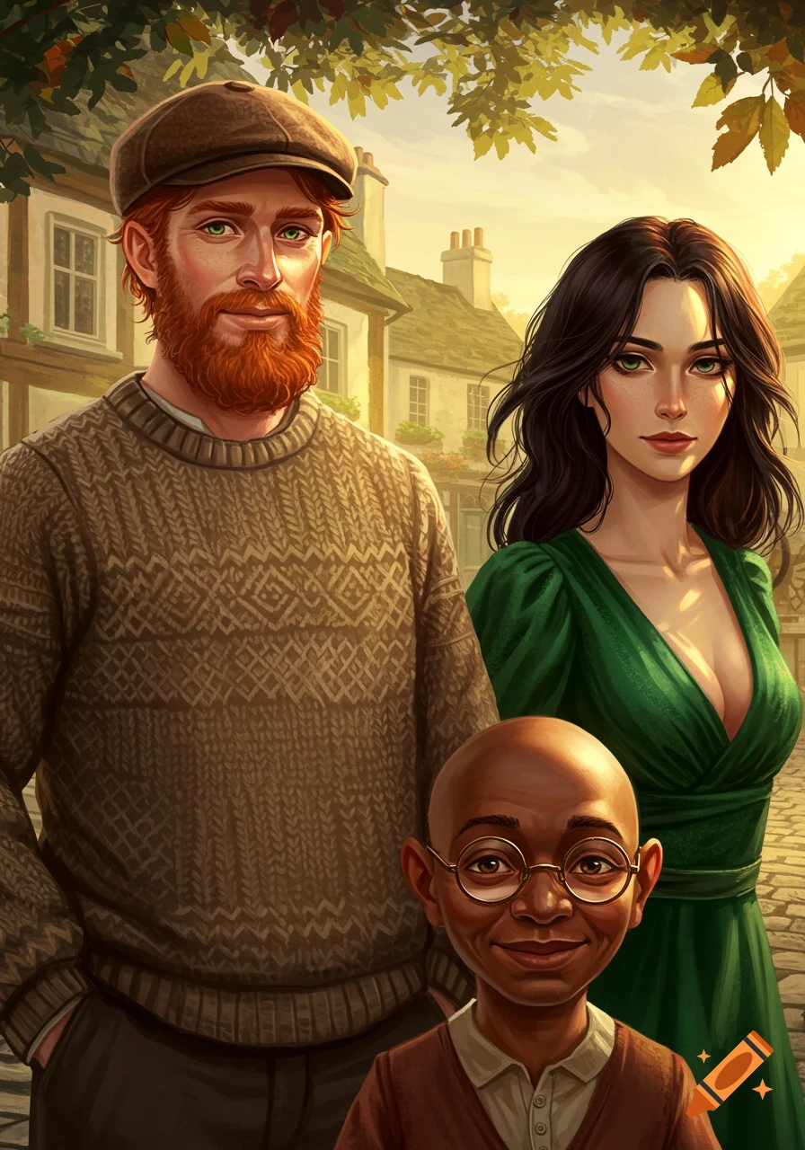 An illustrated portrait of a red-bearded man, a woman in a green dress, and a child with glasses in a village.