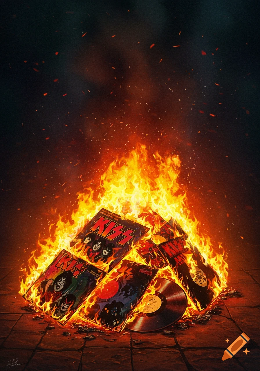 Several vintage Kiss vinyl records and album covers burning in a vibrant pile of fire, with sparks flying upwards.