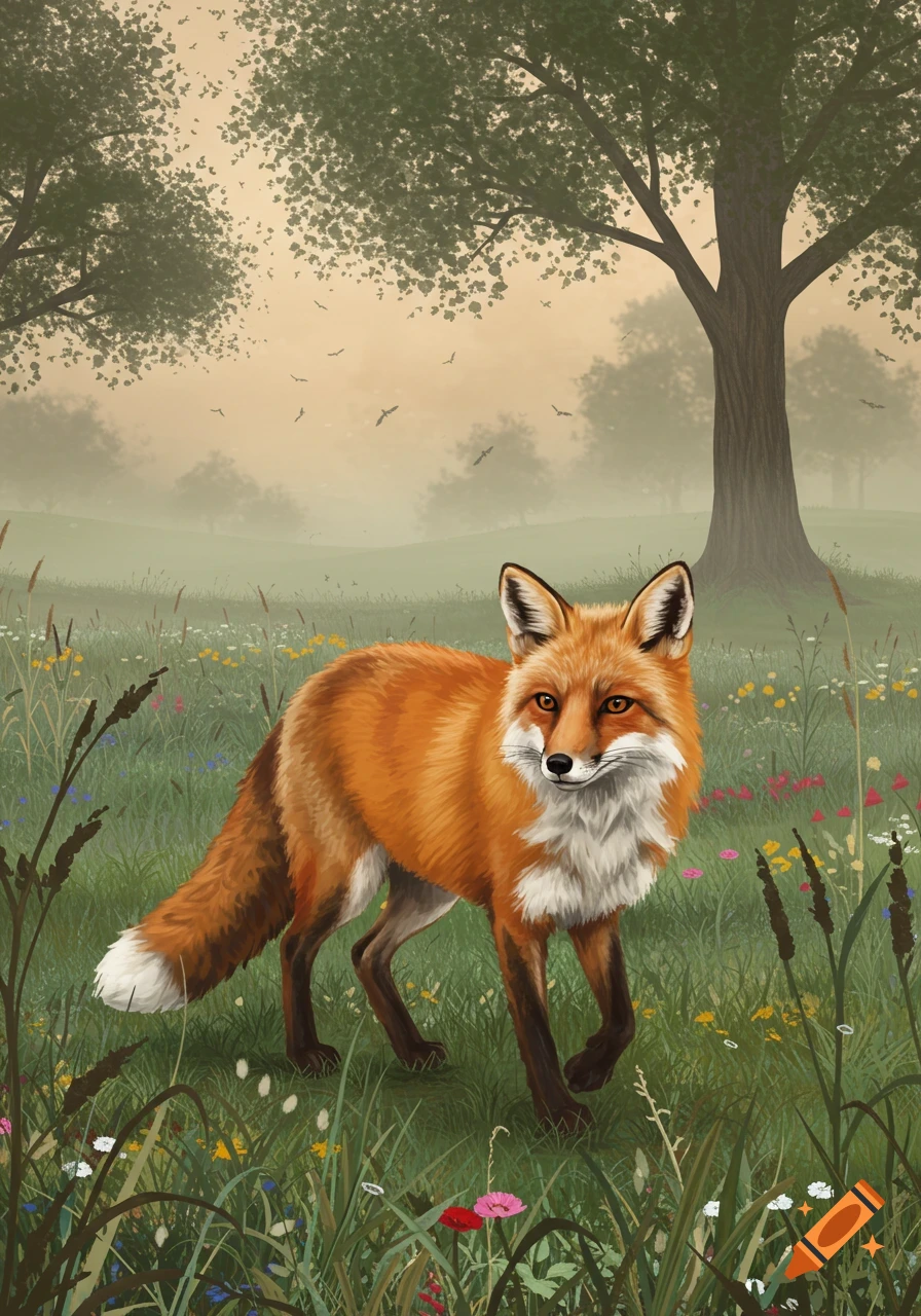 A red fox stands in a lush green field filled with colorful wildflowers, with trees and a misty sky in the background.