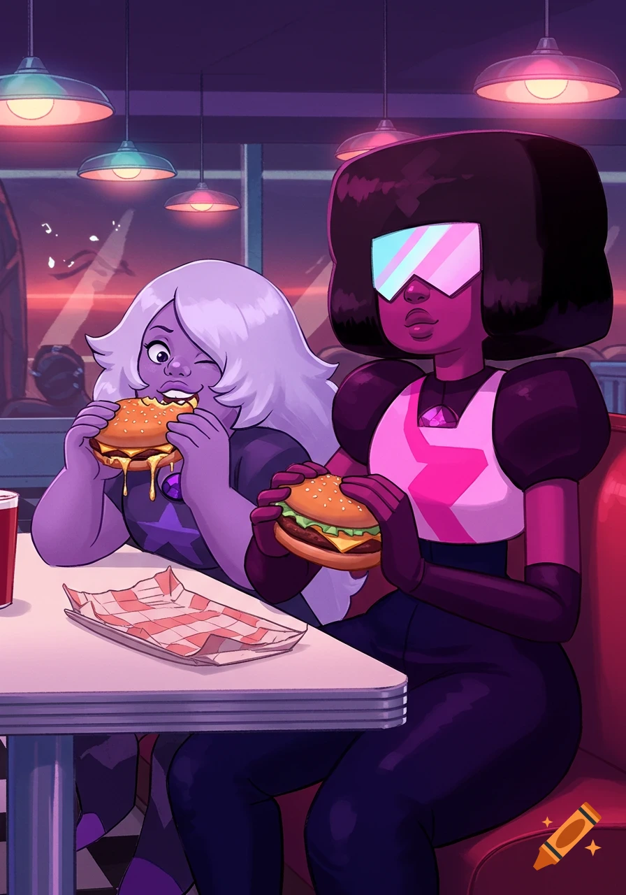 Cartoon art of Amethyst winking and Garnet sitting in a retro diner, both eating cheeseburgers.