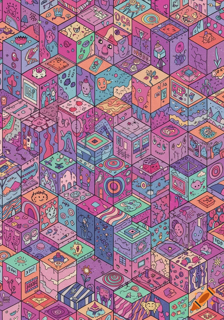 A vibrant, colorful psychedelic doodle art pattern features countless stacked cubes, each face adorned with unique abstract designs, friendly cartoon faces, or surreal portals.
