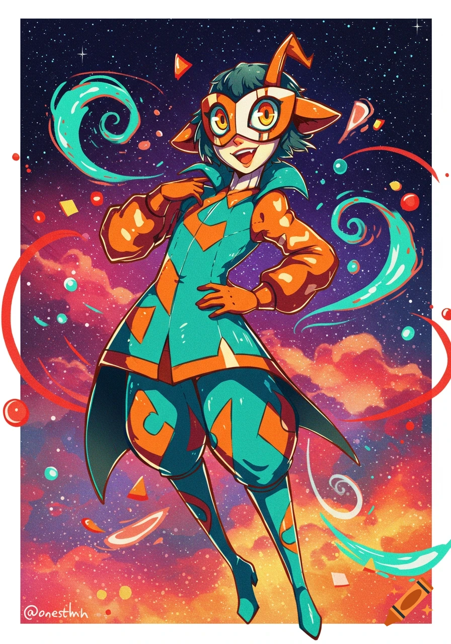 Anime character in orange and teal costume with mask and antennae against a vibrant starry, nebulous background.