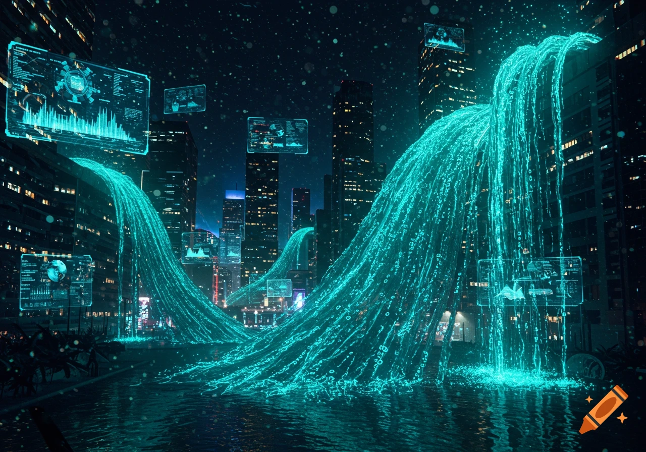 A futuristic cityscape at night with neon blue data streams overflowing from skyscrapers like waterfalls into a body of water. Holographic data screens float around the city.
