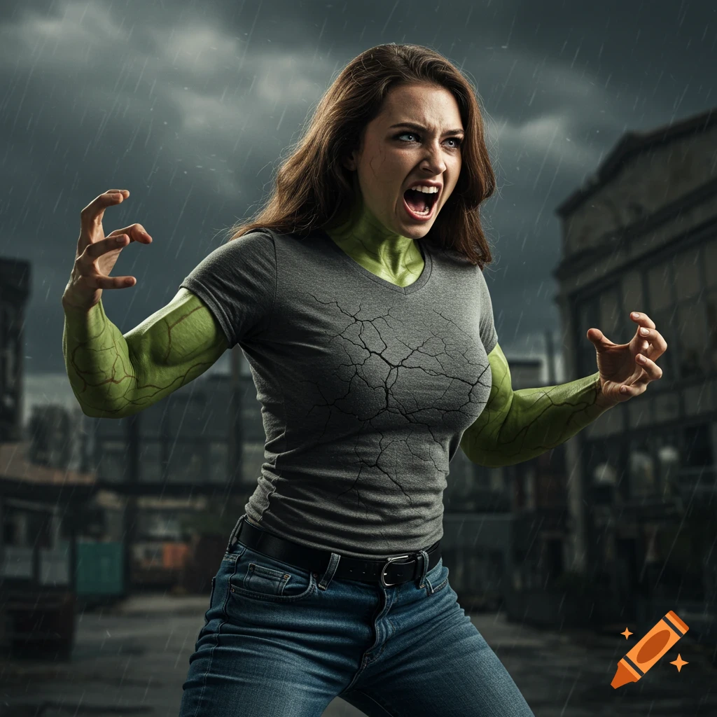 Photorealistic image of an angry woman transforming into a green-skinned, muscular superhero, roaring with clawed hands in a rainy city.