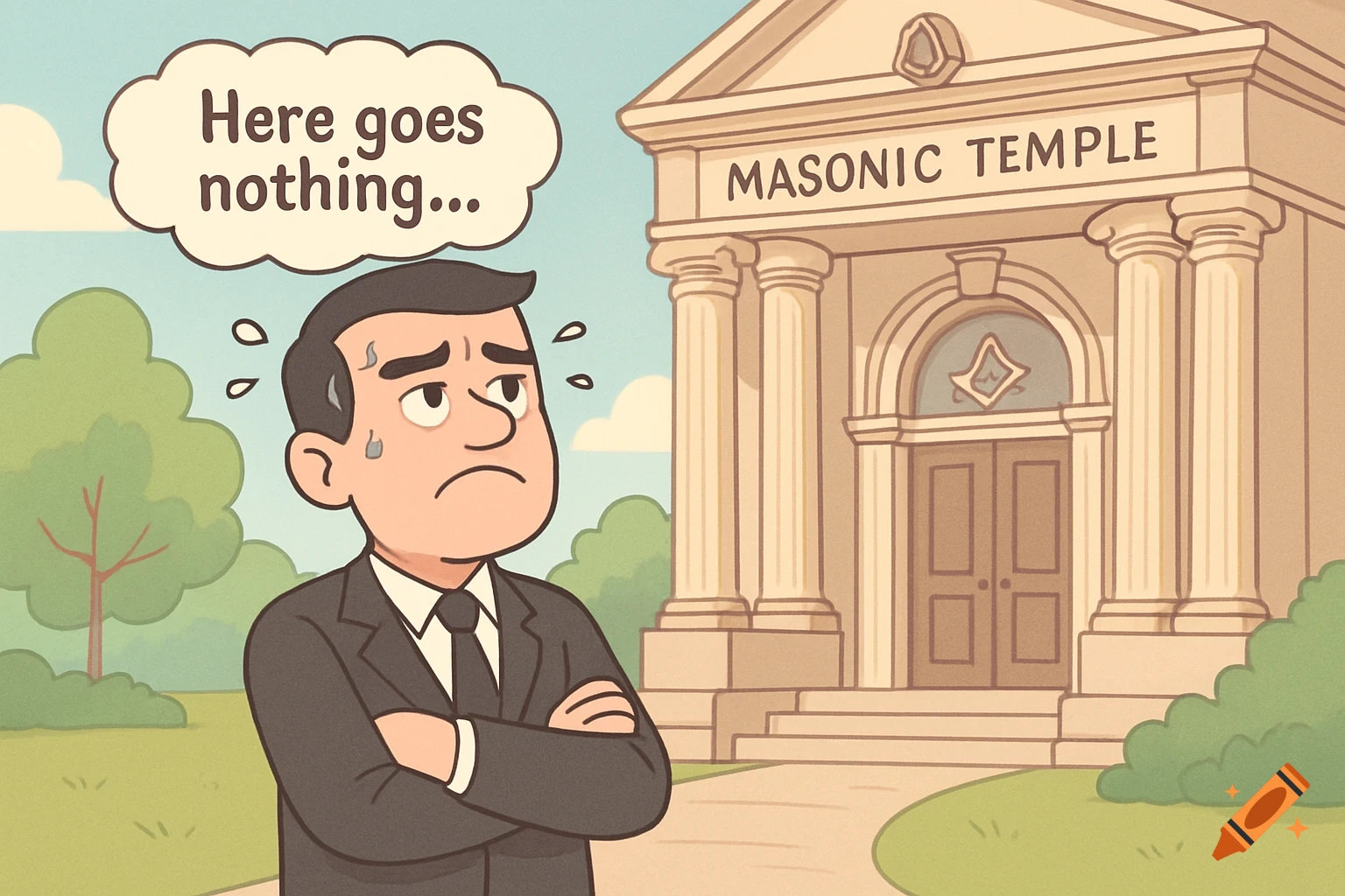 Cartoon of a worried man in a suit outside a Masonic Temple, with a thought bubble saying 'Here goes nothing...'