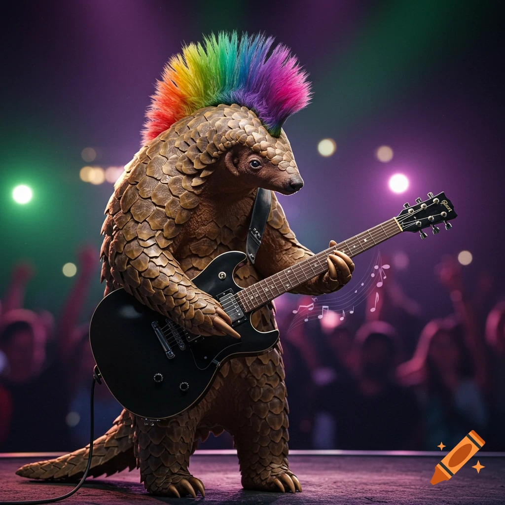 Photorealistic pangolin with a rainbow mohawk playing an electric guitar on a stage with concert lights.