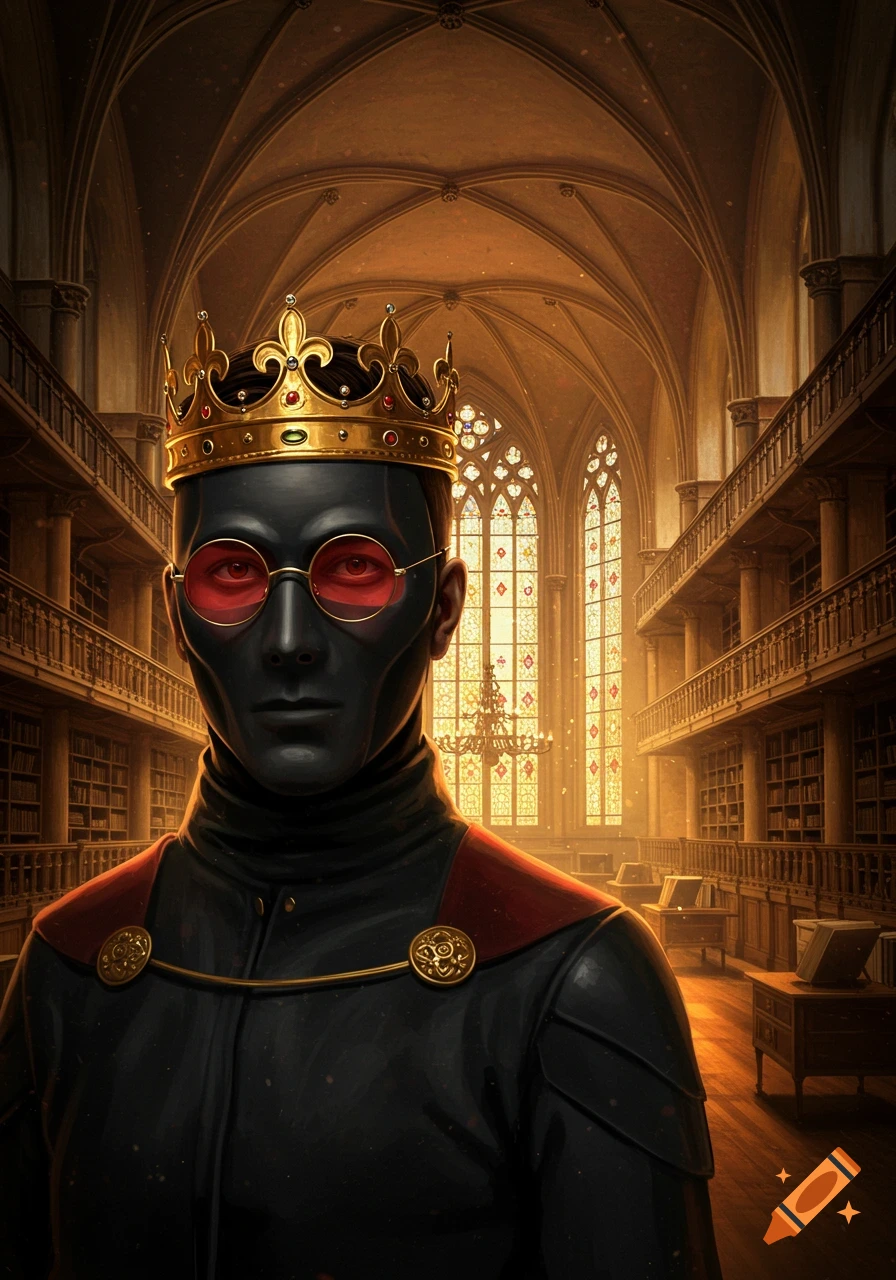 A man with a dark mask, red glasses, and a golden crown stands in a grand, illuminated library with vaulted ceilings.