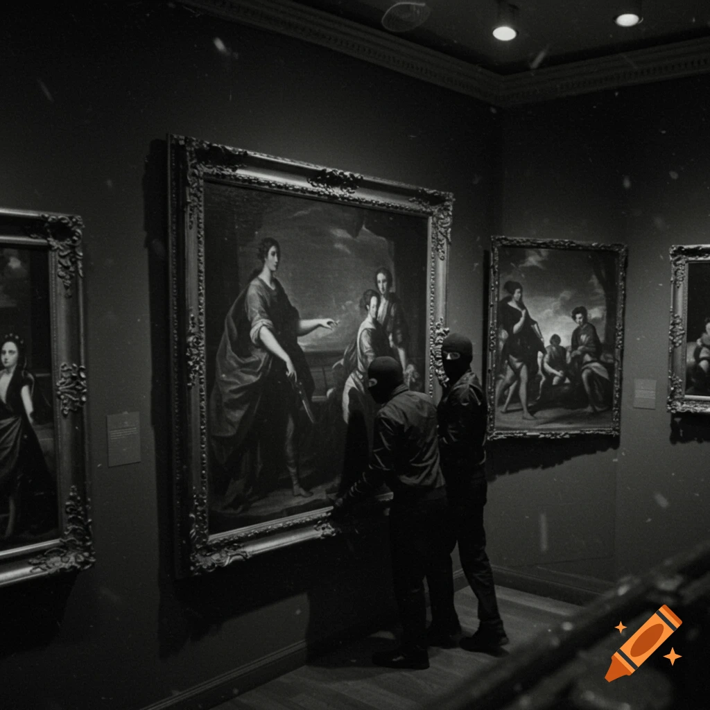 Two masked figures attempting to steal a large painting from a dark museum in a grainy, black and white photo.